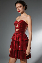 Red Velvet Strapless Sparkly Tiered Mini Dress Gown for Party