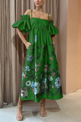 Printed Gathered Sleeve Pocketed A-line Midi Dress