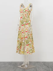 Women’s Floral Print Square Neck Sleeveless A-Line Midi Dress
