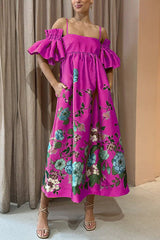 Printed Gathered Sleeve Pocketed A-line Midi Dress
