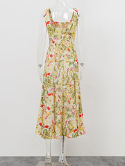 Women’s Floral Print Square Neck Sleeveless A-Line Midi Dress