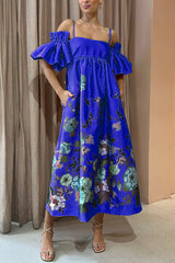 Printed Gathered Sleeve Pocketed A-line Midi Dress