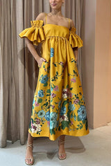 Printed Gathered Sleeve Pocketed A-line Midi Dress
