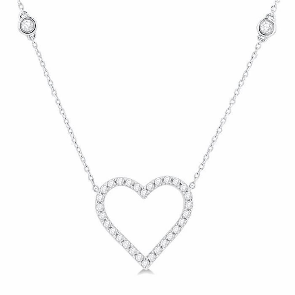 10K White Gold Diamond Station Heart Necklace