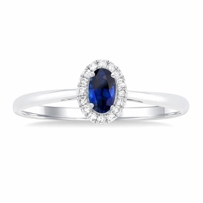10K White Gold Oval Sapphire And Diamond Halo Ring