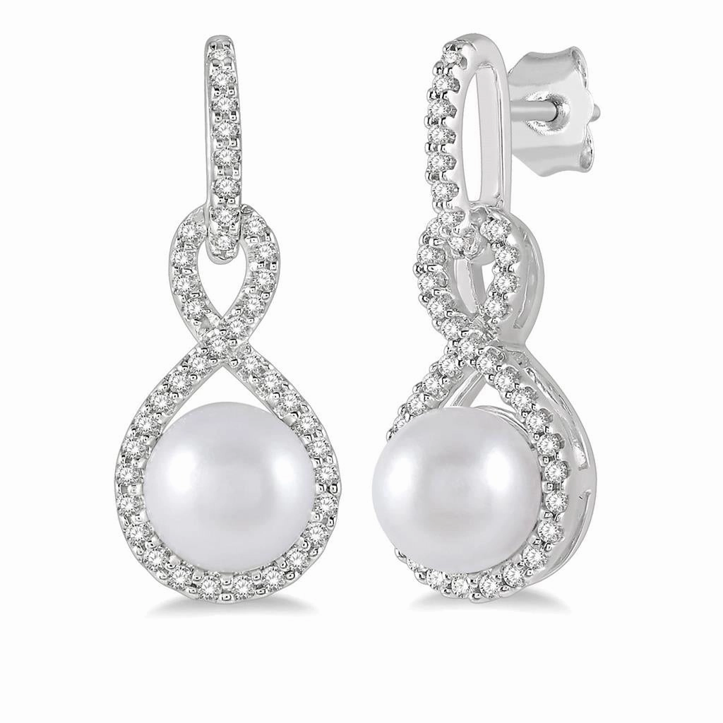 10K White Gold Pearl And Diamond Drop Earrings