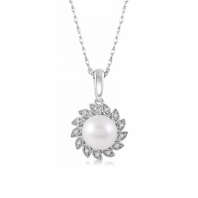 10K White Gold Sunflower Pearl And Diamond Pendant Necklace