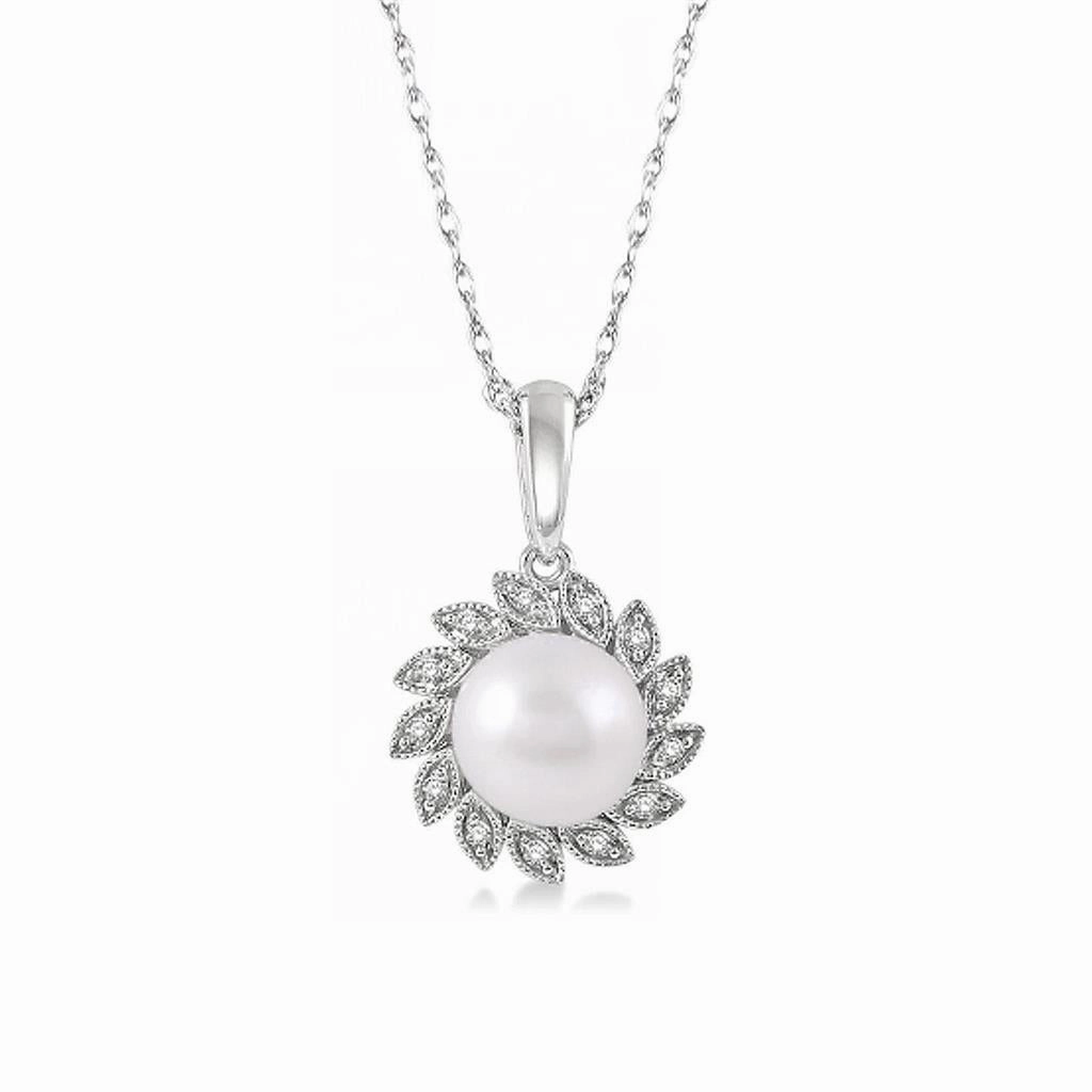 10K White Gold Sunflower Pearl And Diamond Pendant Necklace