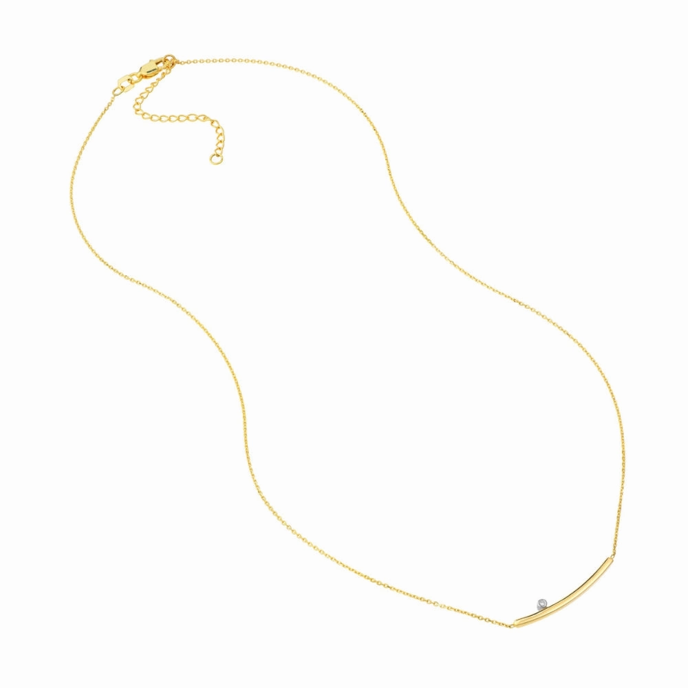 14k Gold Curved Bar Necklace with Single Diamond