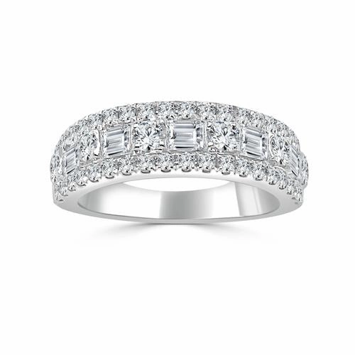 14k Three Row Round and Baguette Diamond Band