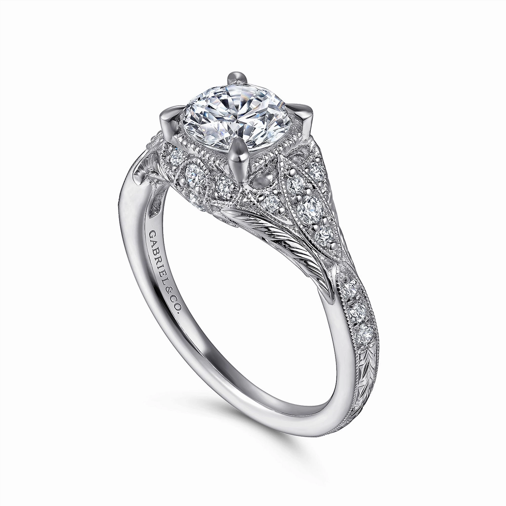 14K White Gold 'Windsor' Vintage Inspired Round Diamond Engagement Ring