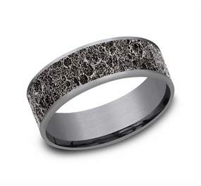14K White Gold And Dark Grey Tantalum Moon Rock Finish Center 7.5mm Wedding Band