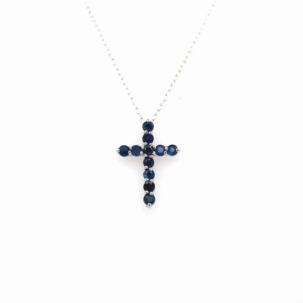 14K White Gold Sapphire Cross Pendant Necklace
