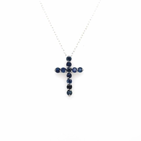 14K White Gold Sapphire Cross Pendant Necklace