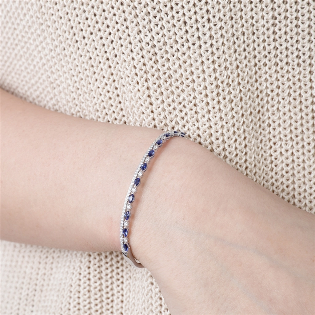 14K White Gold Sapphires And Diamond Bangle Bracelet