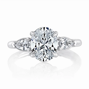 14K White Gold Three Stone Oval Natural Diamonds Engagement Ring