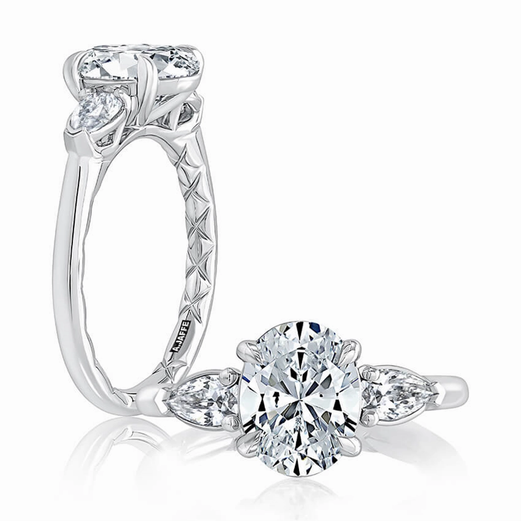14K White Gold Three Stone Oval Natural Diamonds Engagement Ring
