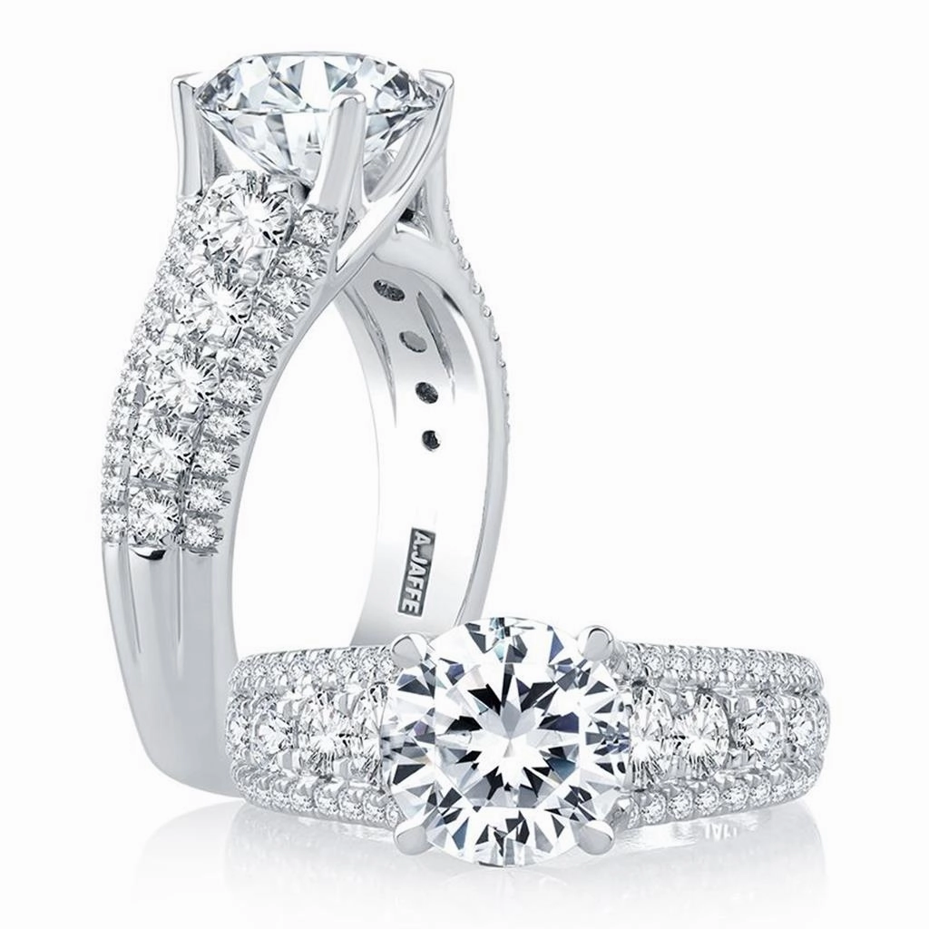 14K White Gold Wide Band Round Diamond Engagement Ring