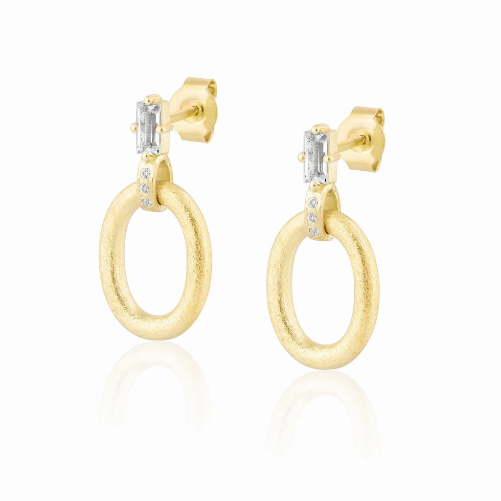 14K Yellow Gold Overlay Matte Finish Oval Drop White Topaz Baguette Post Earrings
