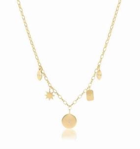 14K Yellow Gold Overlay Multi Charm Necklace With White CZ