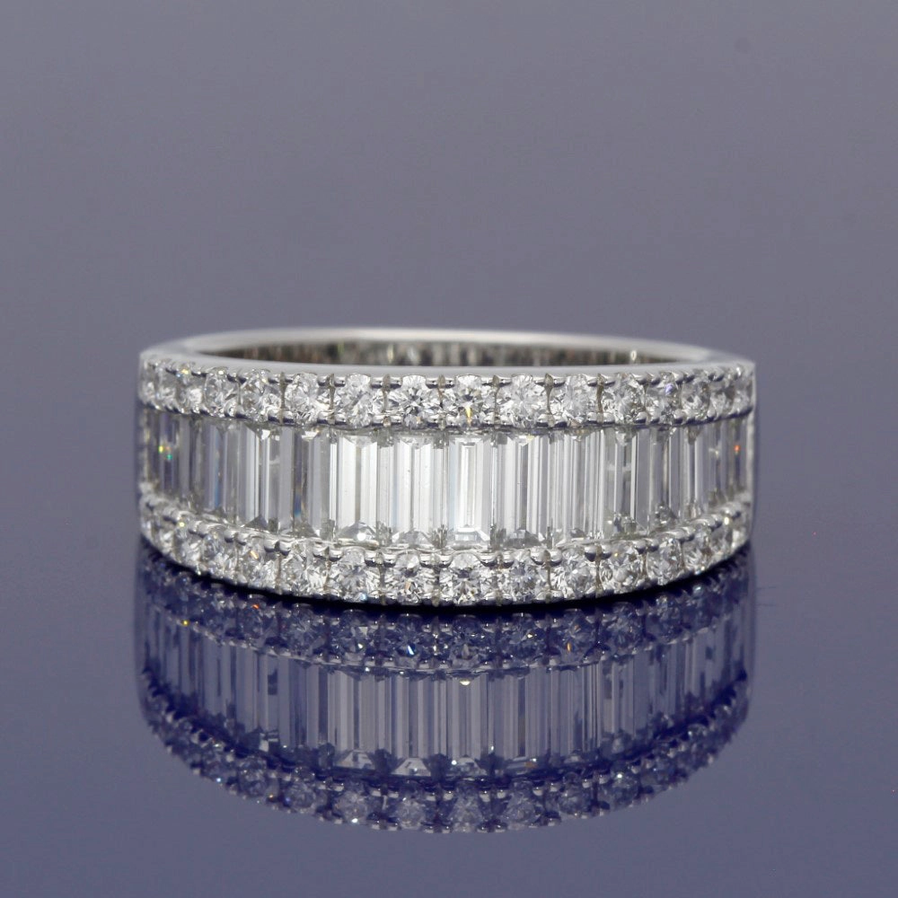 18ct White Gold Baguette & Round Diamond Triple Row Eternity Ring