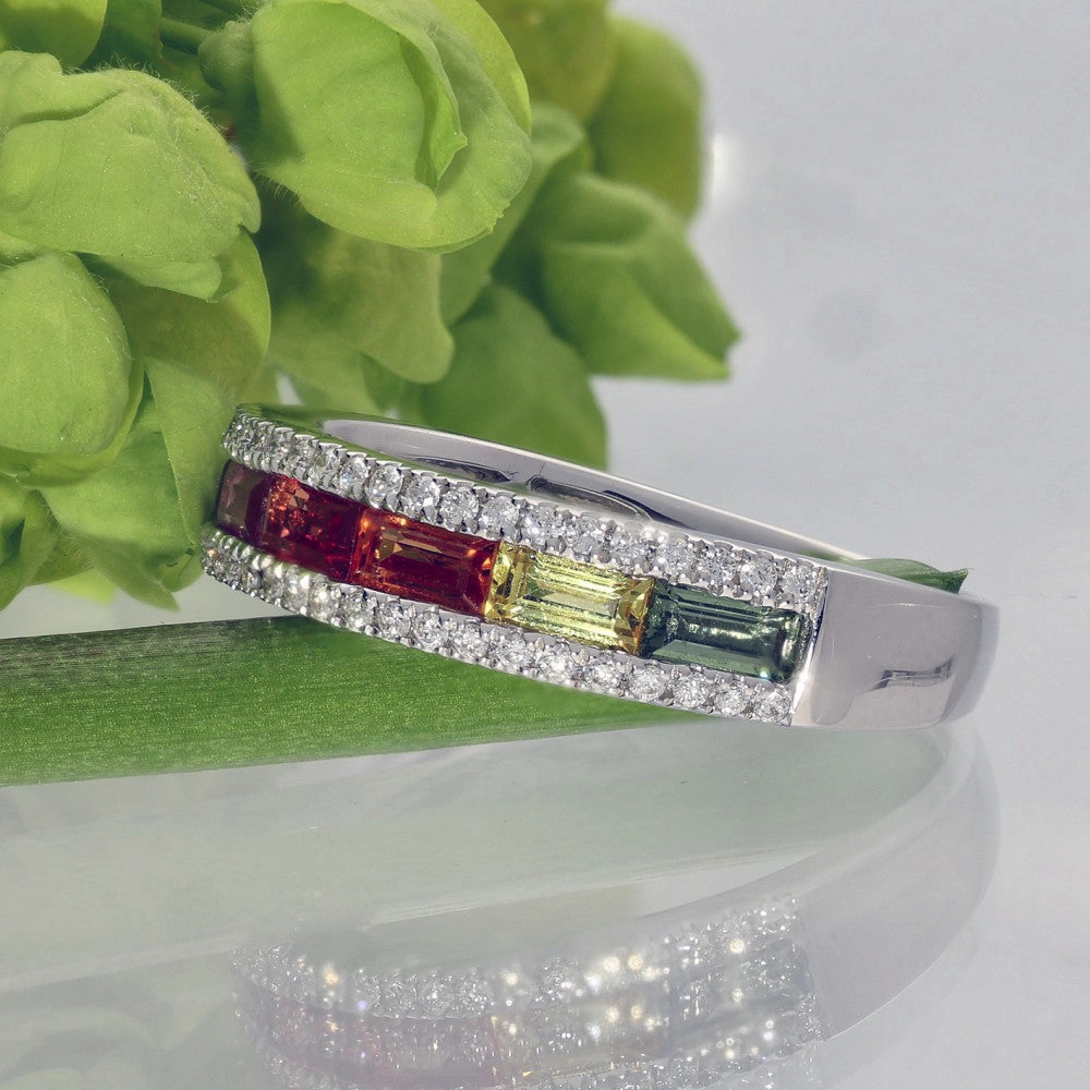 18ct White Gold Rainbow Sapphire and Diamond Half Eternity Ring