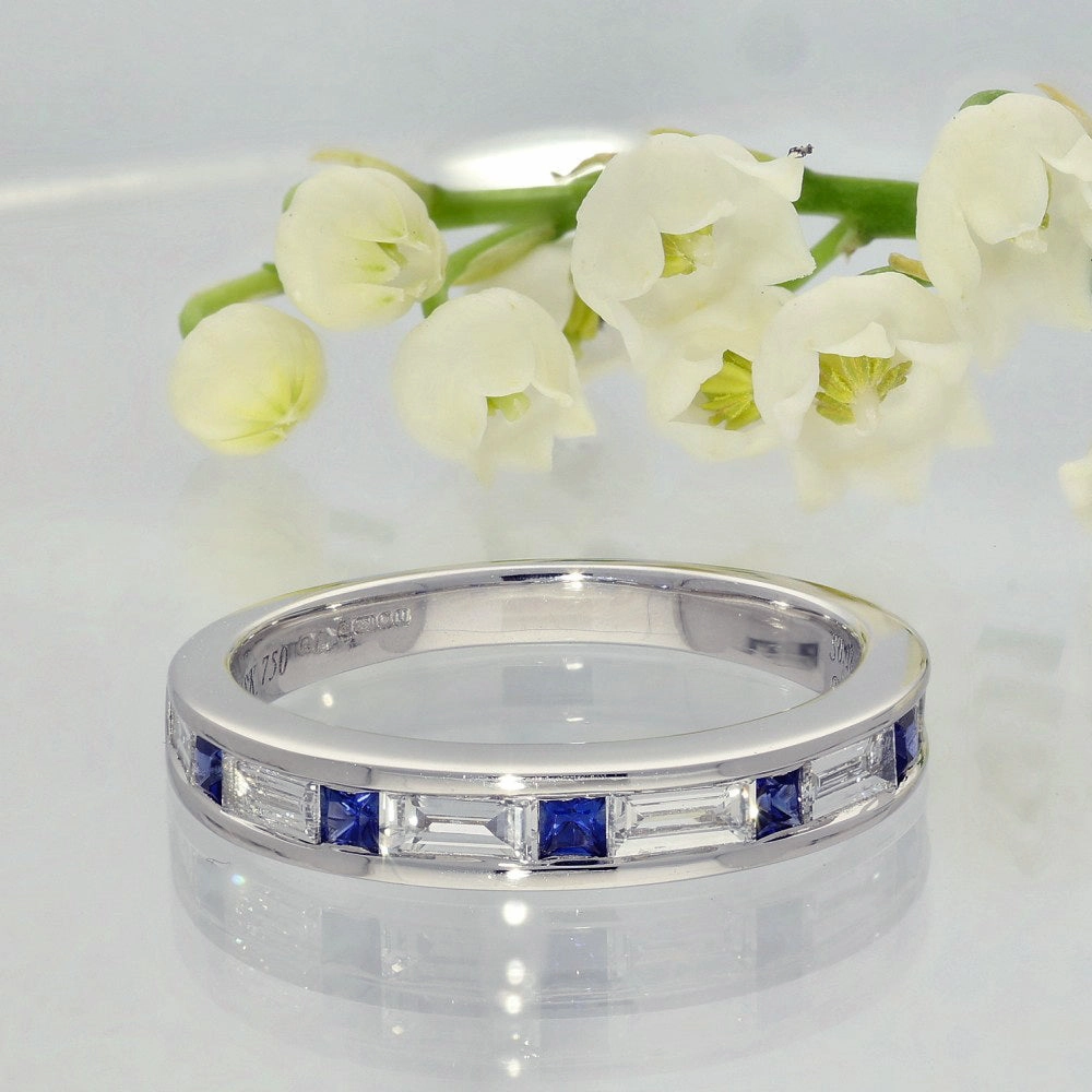 18ct White Gold Sapphire & Baguette Cut Diamond Half Eternity Ring
