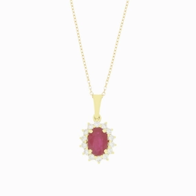 18ct Yellow Gold 1.27ct Ruby and 0.26ct Diamond Cluster Pendant and Chain