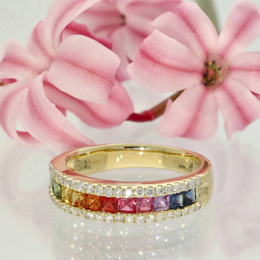 18ct Yellow Gold Rainbow Sapphire and Diamond Half Eternity Ring