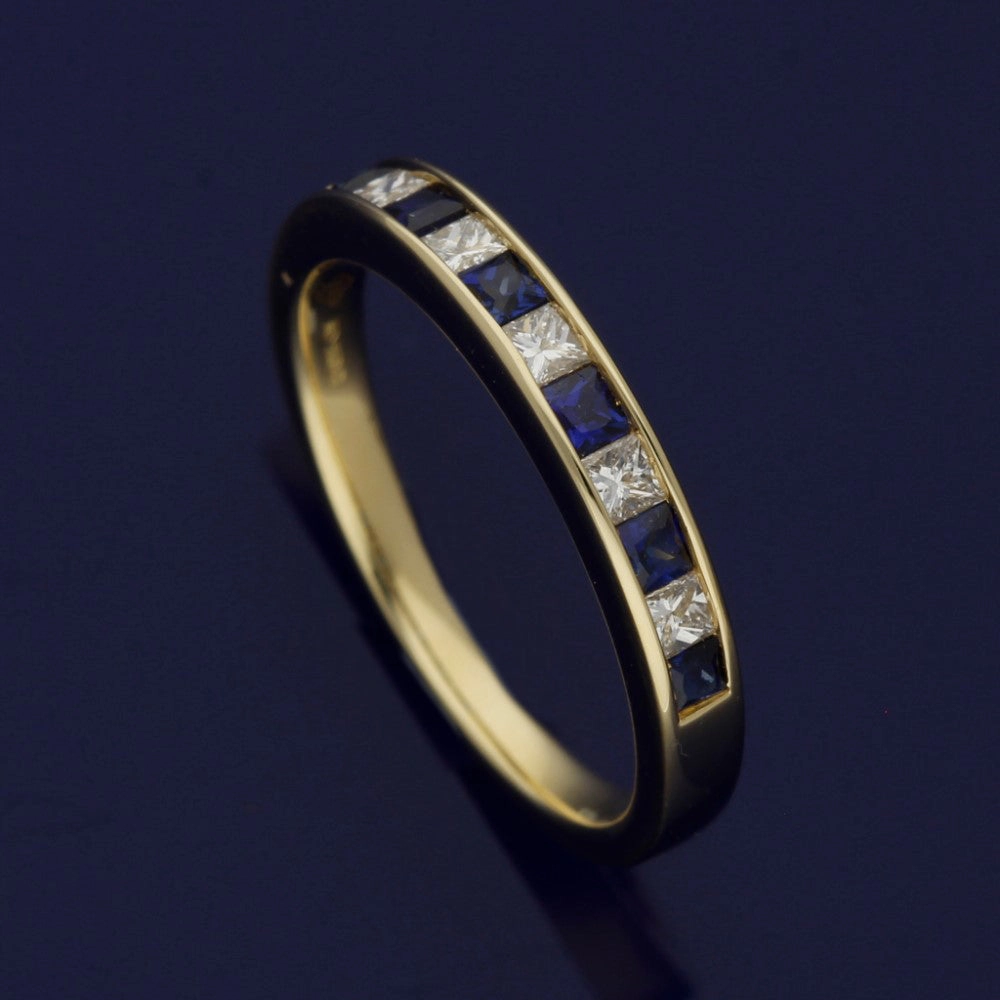 18ct Yellow Gold Sapphire & Princess Cut Diamond Half Eternity Ring