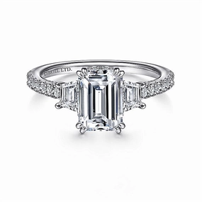 18K White Gold 'Willow' Three Stone Emerald Cut Diamond Engagement Ring