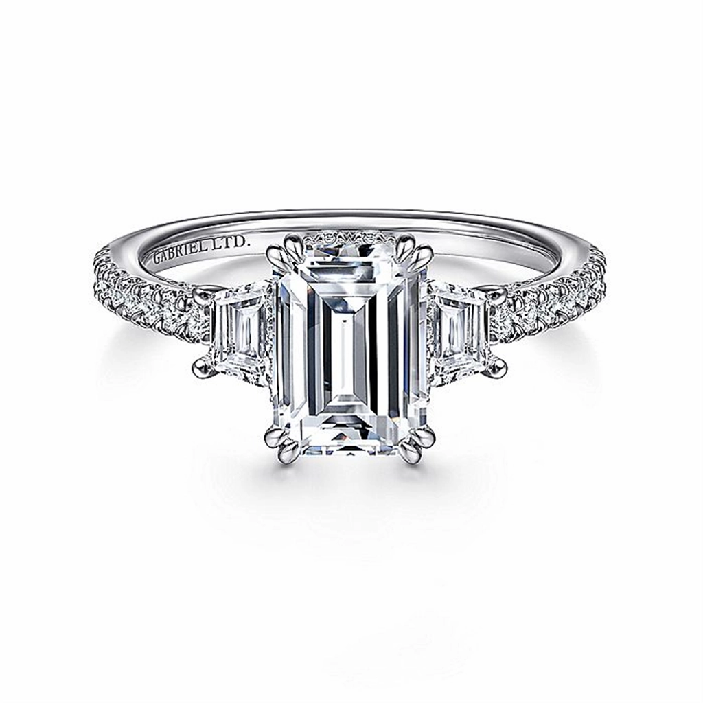 18K White Gold 'Willow' Three Stone Emerald Cut Diamond Engagement Ring