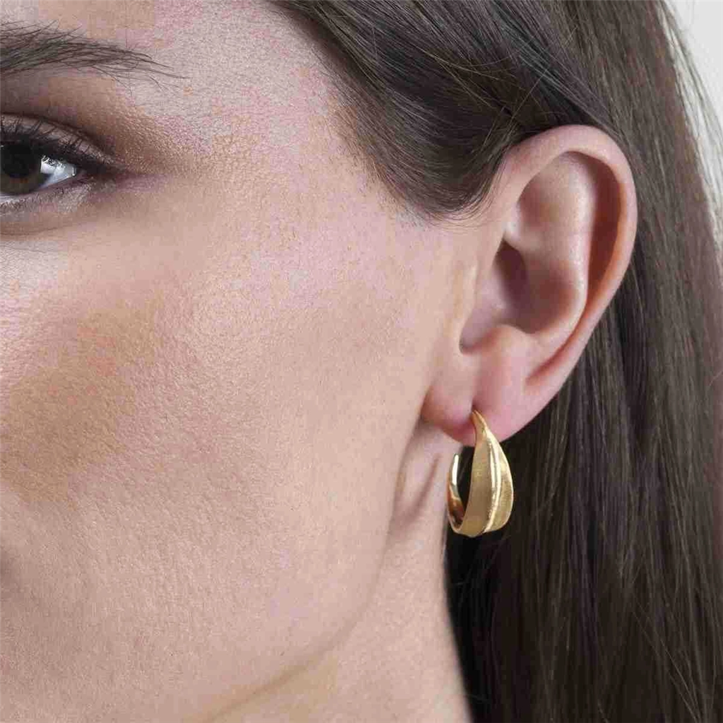 18K Yellow Gold Vermeil Leaf Motif Hoop Earrings