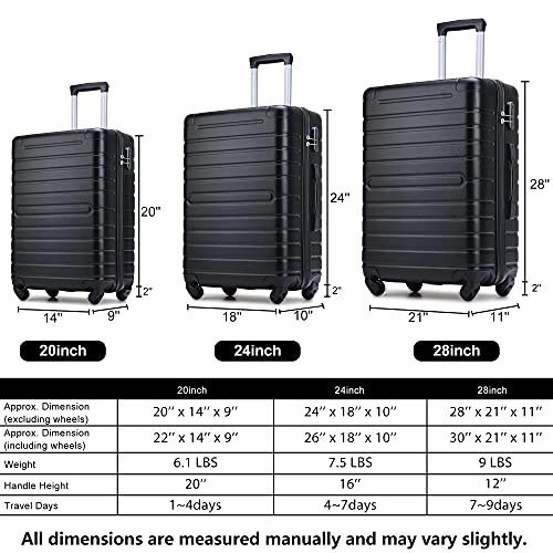 3 Piece Set Luggage Spinner Hardshell Lightweight Durable Suitcase TSA Lock, Women Men Teens Home Outdoor School Travel Carry on Luggage Sets, 20/24/28 inch Black