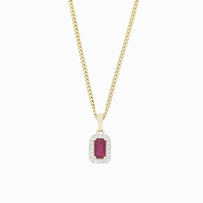 9ct Yellow Gold Ruby and Diamond Cluster Pendant and Chain