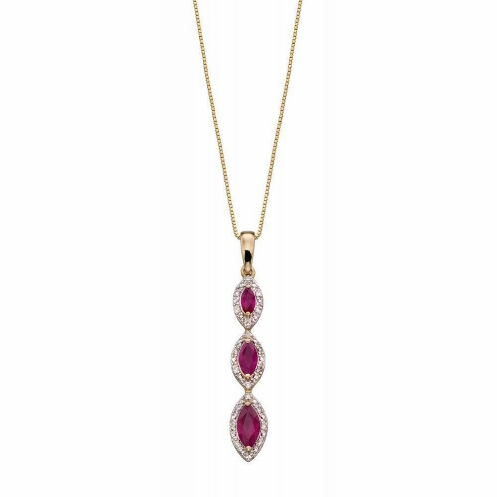 9ct Yellow Gold Triple Drop Ruby and Diamond Pendant GP2163R