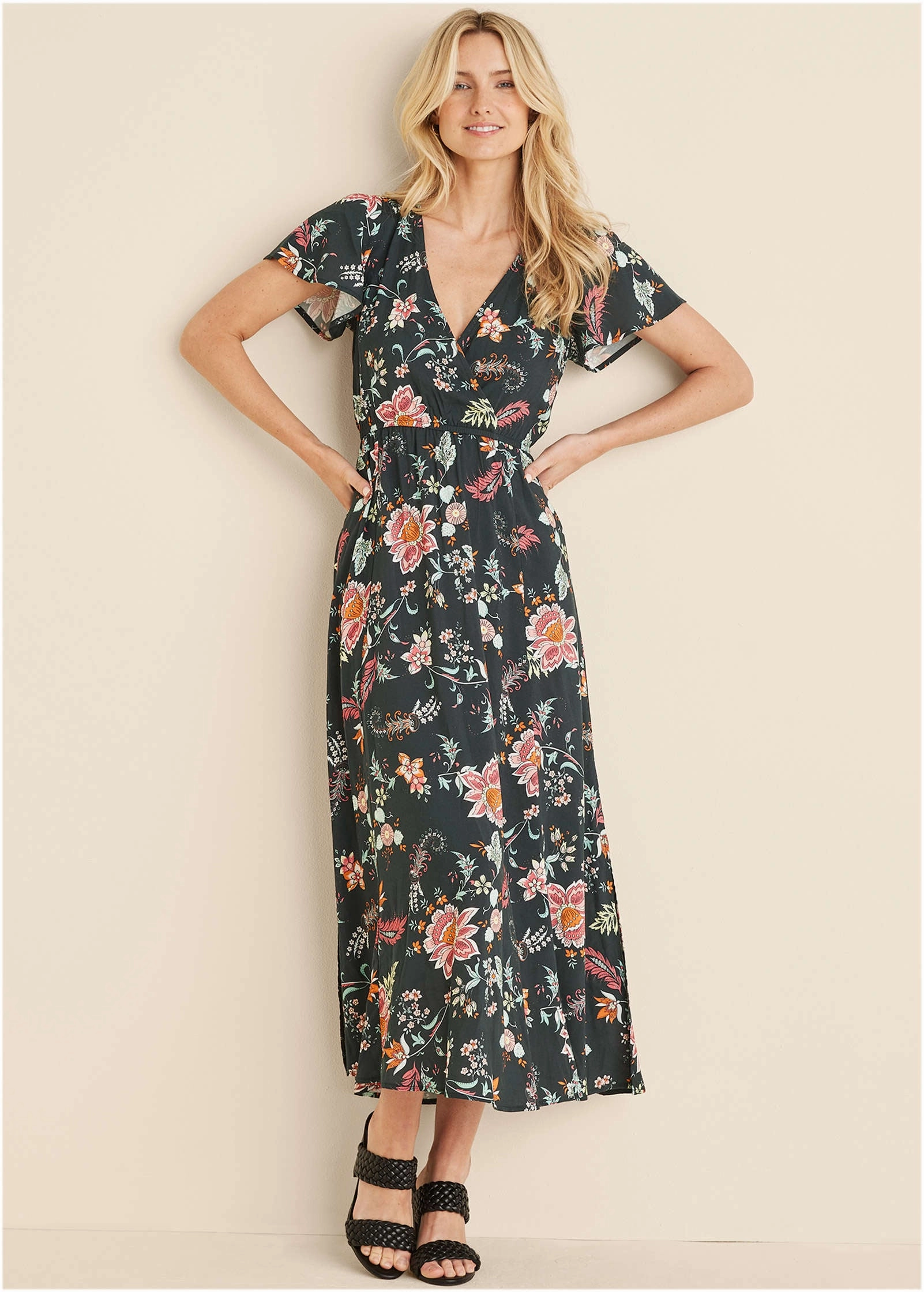 Abstract Print Maxi Dress - Black & Coral