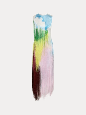 Abstract Watercolor Fringe Cocktail Dress