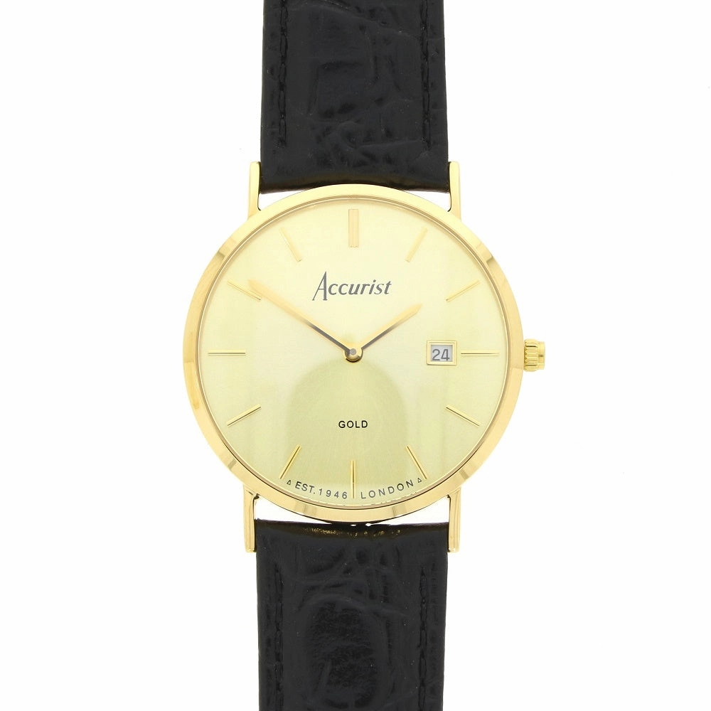 Accurist 9ct Gold Mens Watch Champagne Dial Black Strap 7802