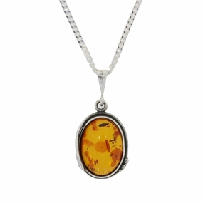 Amber Sterling Silver Oval Pendant and Chain