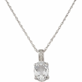 April Birthstone Pendant: 14K White Gold Diamond And Oval White Topaz Pendant Necklace