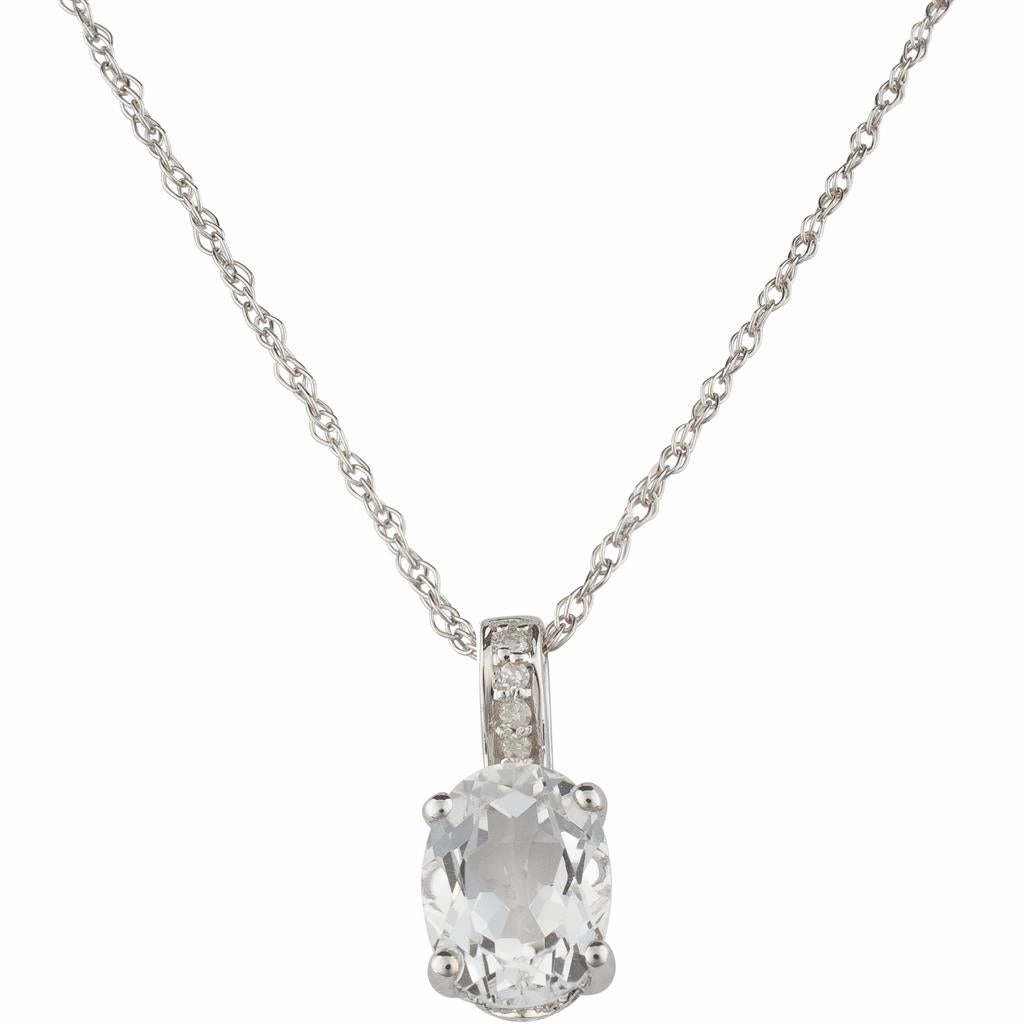 April Birthstone Pendant: 14K White Gold Diamond And Oval White Topaz Pendant Necklace