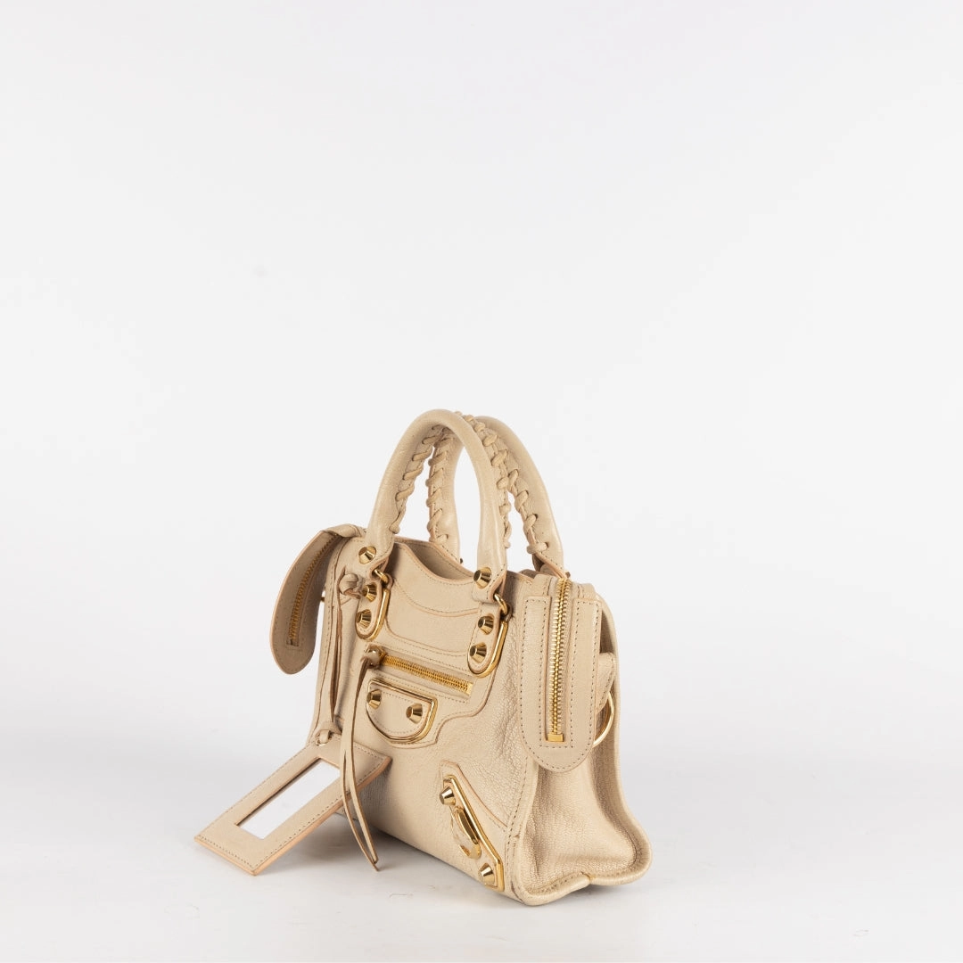 Balenciaga Beige Leather Mini Classic Metallic Edge City Bag