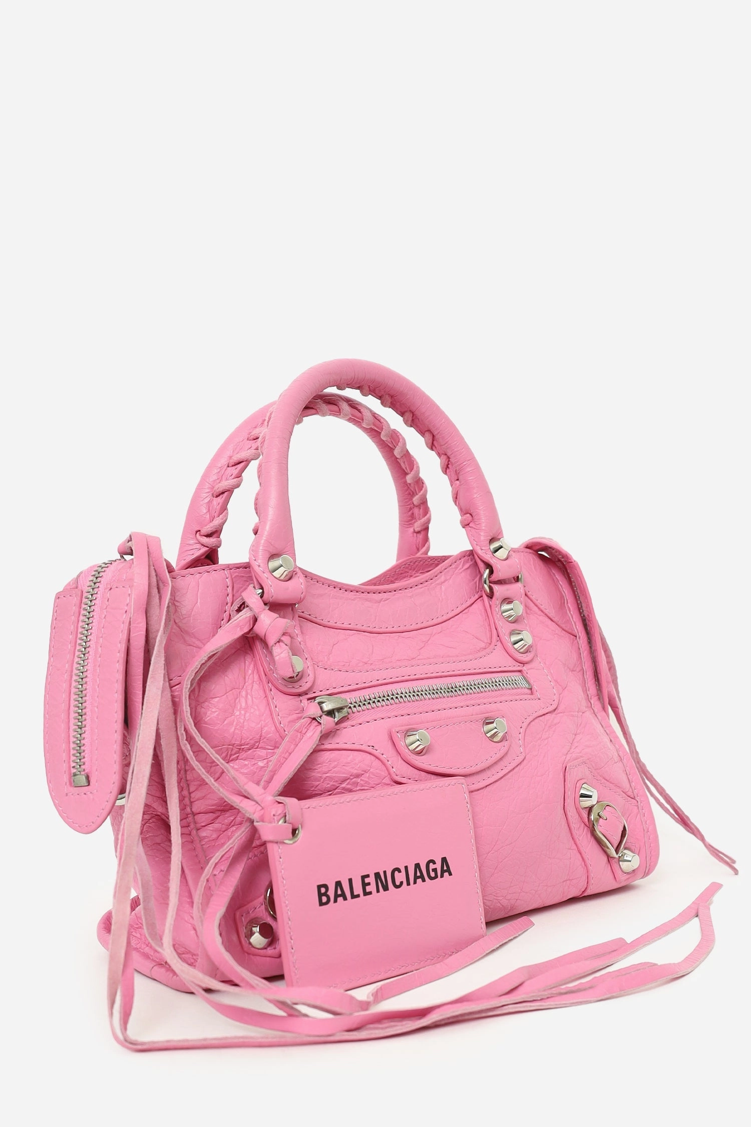 Balenciaga Pink Leather Mini Classic City Bag with Logo Strap