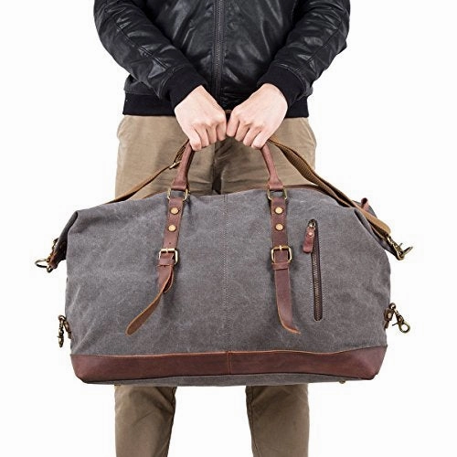 BAOSHA Oversized Canvas PU Leather Travel Tote Duffel Bag Weekender Overnight Bag (Black)