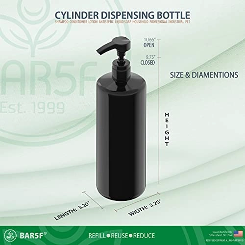 BAR5F Empty Shampoo Bottles with Pump, Black, Great 1 Liter/32 Ounce Refillable Dispensing Containers for Conditioner, Body Wash, Hair Gel, Liquid Soap, DIY, Gloss Finish (Pack of 3)