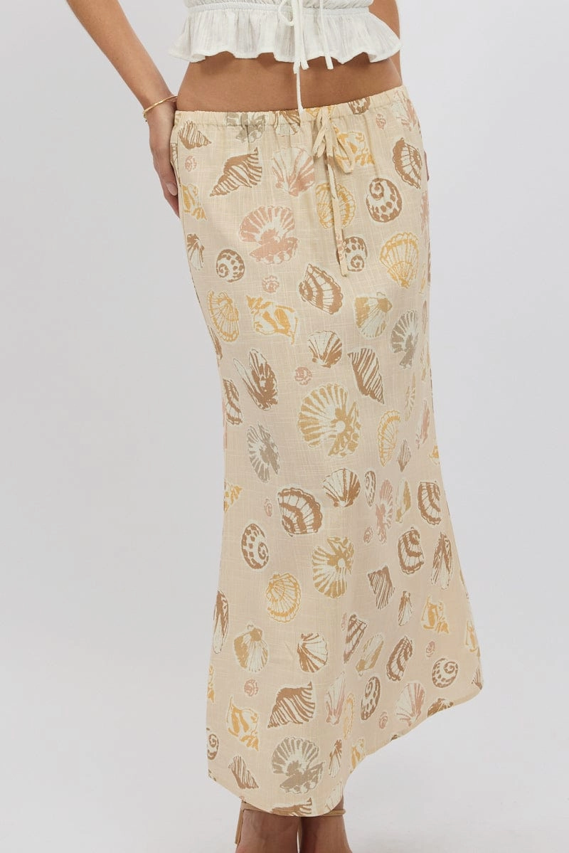 Beige Abstract Midaxi Skirt Relaxed Fit Elastic Waist