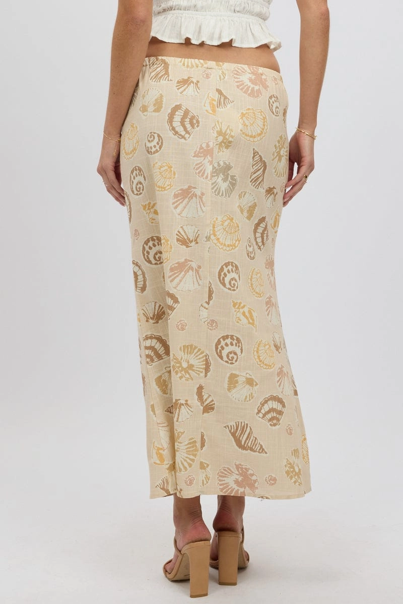 Beige Abstract Midaxi Skirt Relaxed Fit Elastic Waist