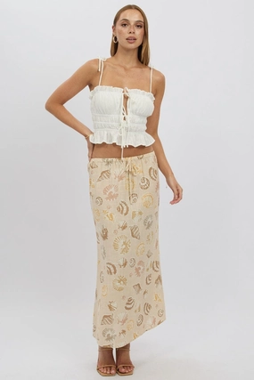 Beige Abstract Midaxi Skirt Relaxed Fit Elastic Waist