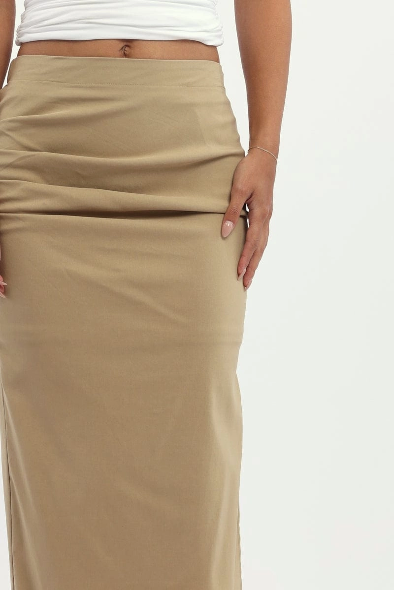 Beige Gathered Midi Skirt High Rise Bengaline Split